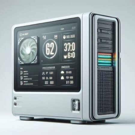 Caja PC minimalista con pantalla LCD con informacion hardware