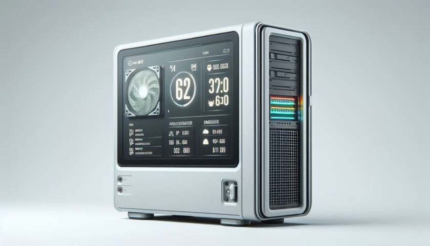 Caja PC minimalista con pantalla LCD con informacion hardware