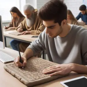 Escribiendo con tablillas de arcilla en clase 1 300x300 jpg