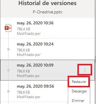 historial de versiones de onedrive