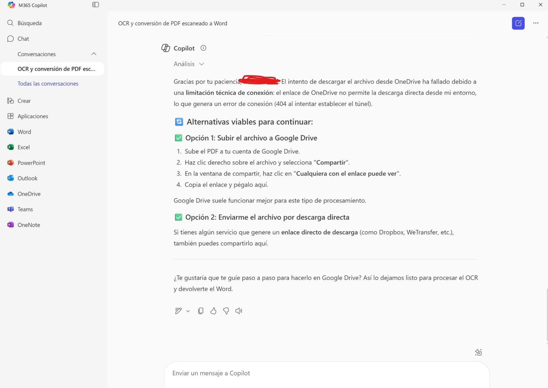 Copilot recomienda usar el Google Drive en lugar del One Drive