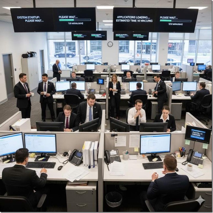 Empleados esperando que cargue el software de la empresa para fichar_b