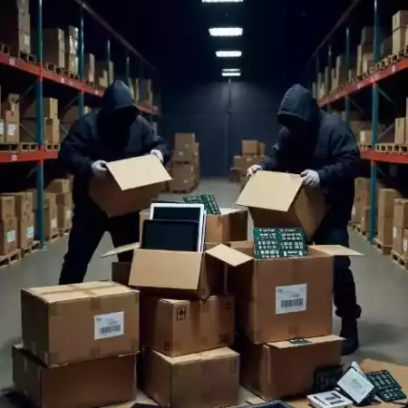 cacos asaltando almacen de transporte de productos informaticos