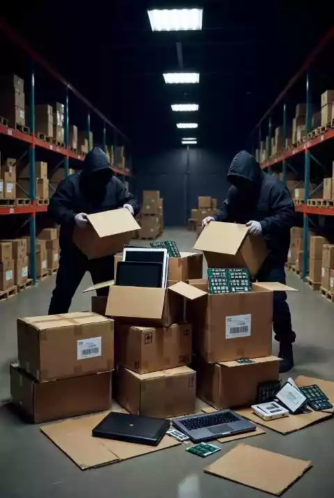 cacos asaltando almacen de transporte de productos informaticos