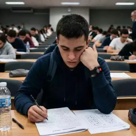 Estudiante haciendo un examen y el smartwatch le avisa de problemas de salud