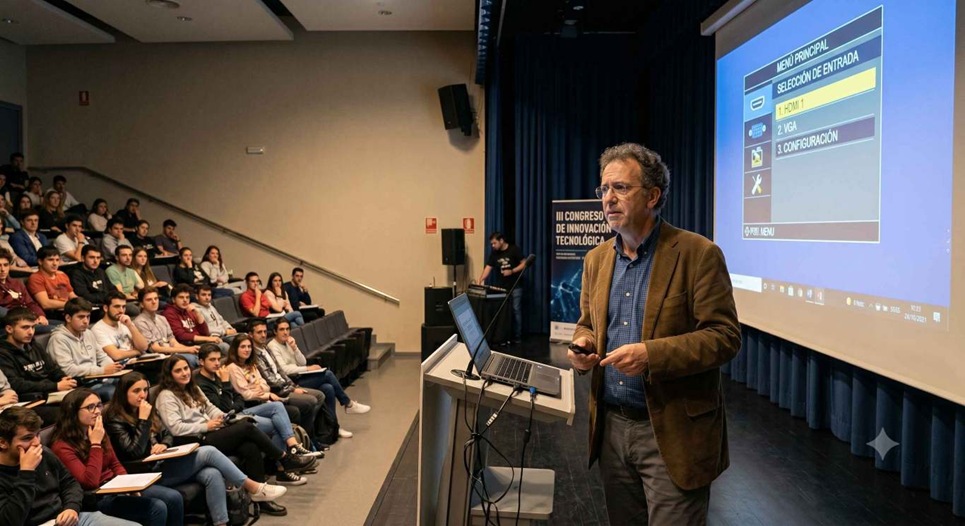profesor universitario no se aclara para sacar la imagen de su PC al proyector del aula